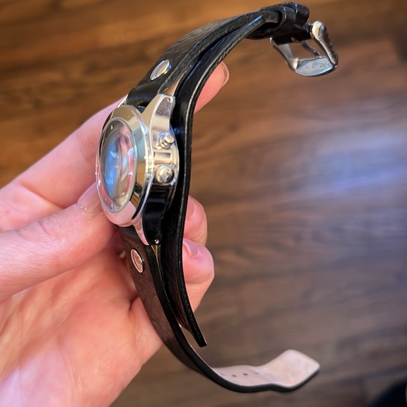 Fossil Big Tic Watch, Silver Tone, Pink Flame, Black Leather Cuff - Picture 6 of 6